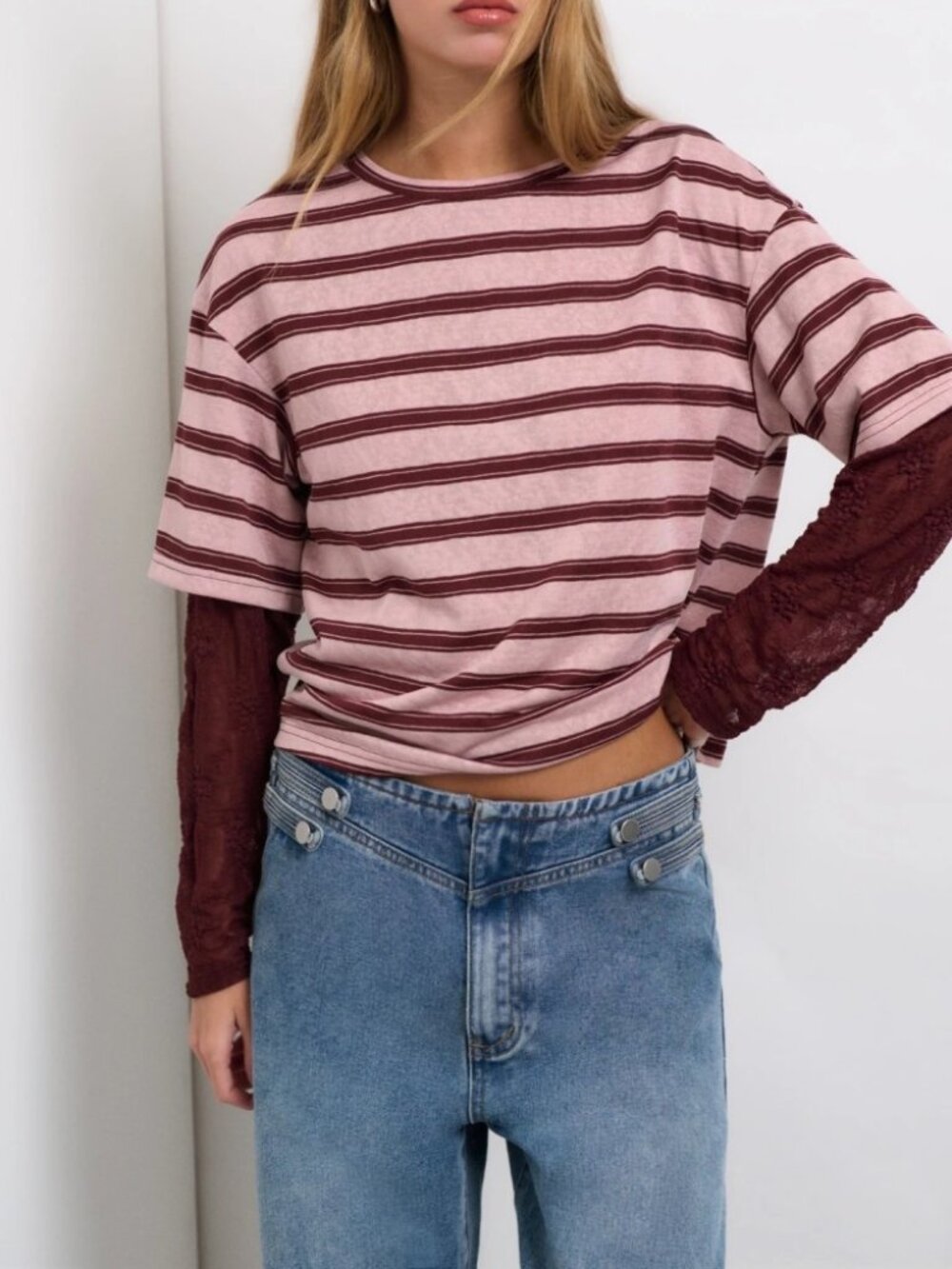 Red & Pink Striped Top with Burgundy Lace Layered Sleeves